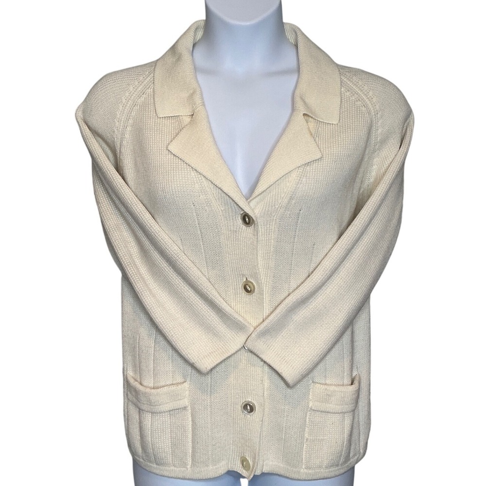 Fiber Arts Womens Ribbed Knit Cream Cardigan Sweater Est Sz L Old Money Preppy